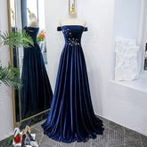 Blue Velvet Beaded Elegant Off Shoulder Evening Dress, Blue Long Prom Dress Party Dress